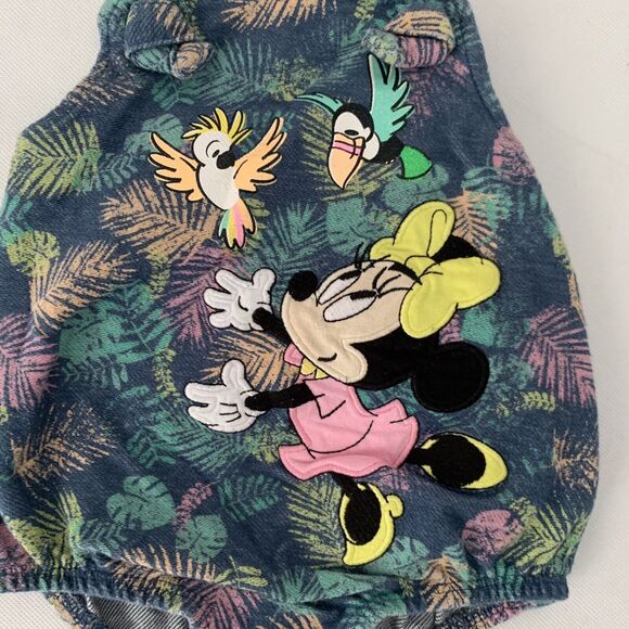 Disney Baby Romper Girls 9-12 Months Minnie Mouse Tropical Leaves Birds Blue - Picture 3 of 10